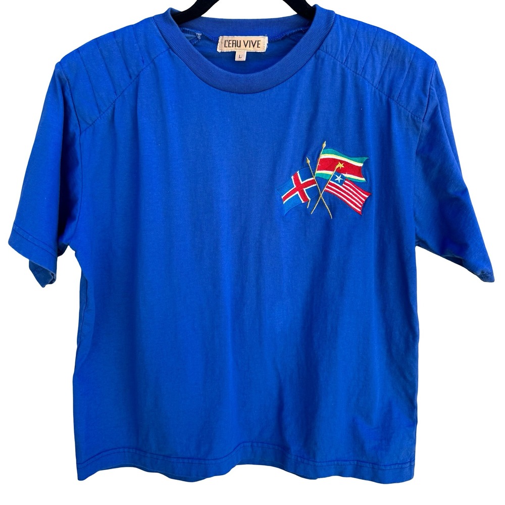 L'eau Vive Vintage 90s Iceland Flag Embroidery Shirt Quilted Shoulder Blue Men L
